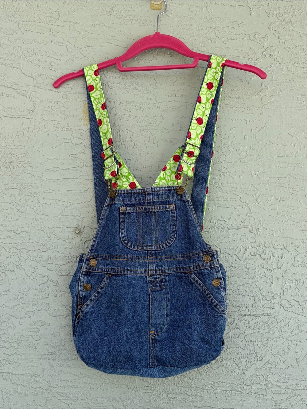 Handmade Denim Backpack-Style Women’s Backpack with Green Ladybug Print Strap